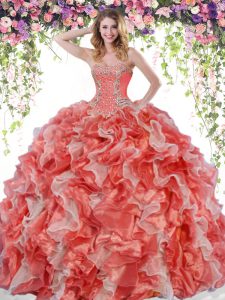 Luxury White And Red Lace Up Sweetheart Beading and Ruffles Ball Gown Prom Dress Organza Sleeveless