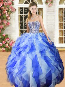 Stunning Floor Length Blue And White Quinceanera Gown Sweetheart Sleeveless Lace Up