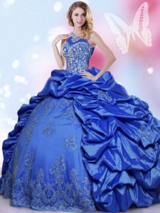 Blue Halter Top Neckline Beading and Lace and Appliques and Pick Ups 15 Quinceanera Dress Sleeveless Lace Up