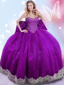 Taffeta Sweetheart Sleeveless Lace Up Beading and Lace and Bowknot Sweet 16 Quinceanera Dress in Eggplant Purple