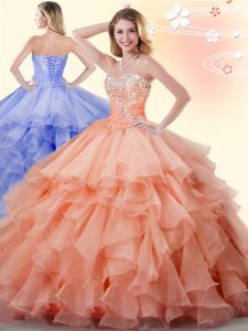 Nice Orange Sleeveless Organza Lace Up Quinceanera Gown for Military Ball and Sweet 16 and Quinceanera