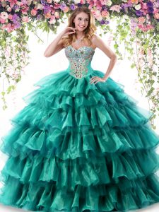Green Sweetheart Lace Up Beading and Ruffled Layers Quinceanera Gown Sleeveless