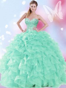 Apple Green Ball Gowns Organza Sweetheart Sleeveless Beading and Ruffles Floor Length Lace Up Sweet 16 Quinceanera Dress