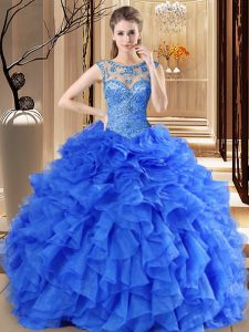 Scoop Royal Blue Organza Lace Up 15 Quinceanera Dress Sleeveless Floor Length Beading and Ruffles