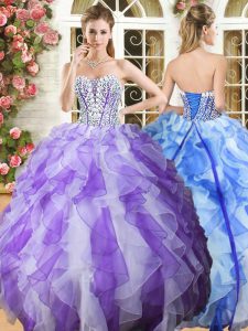 White and Purple Lace Up Quince Ball Gowns Beading and Ruffles Sleeveless Floor Length