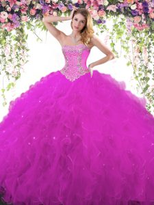 New Style Sweetheart Sleeveless Tulle Quince Ball Gowns Beading Lace Up
