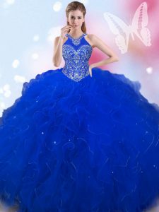 Modern Halter Top Beading Quinceanera Gowns Royal Blue Lace Up Sleeveless