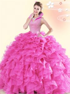 Edgy Hot Pink Organza Backless 15th Birthday Dress Sleeveless Floor Length Beading and Ruffles