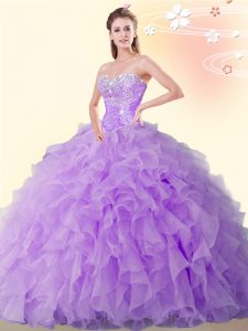 Adorable Eggplant Purple Ball Gowns Sweetheart Sleeveless Organza Floor Length Lace Up Beading and Ruffles 15th Birthday Dress