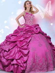 Sexy Halter Top Sleeveless Floor Length Beading and Lace and Appliques and Pick Ups Lace Up Sweet 16 Quinceanera Dress with Fuchsia