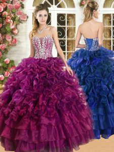 Burgundy Organza Lace Up Sweet 16 Quinceanera Dress Sleeveless Floor Length Beading and Ruffles and Ruffled Layers