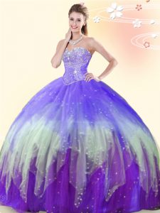 Dynamic Multi-color Tulle Lace Up Sweetheart Sleeveless Floor Length Vestidos de Quinceanera Beading