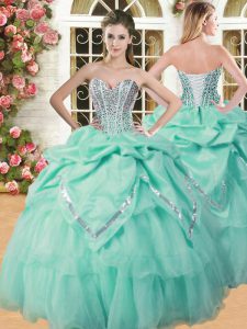 Modest Apple Green Lace Up Sweetheart Beading and Pick Ups Sweet 16 Quinceanera Dress Organza Sleeveless