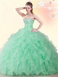 Custom Fit Apple Green Ball Gowns Beading Vestidos de Quinceanera Lace Up Organza Sleeveless Floor Length