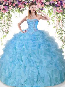 Dynamic Floor Length Lace Up Vestidos de Quinceanera Baby Blue for Military Ball and Sweet 16 and Quinceanera with Beading and Ruffles
