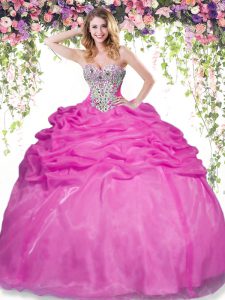 Beading and Pick Ups Sweet 16 Dress Hot Pink Lace Up Sleeveless Floor Length