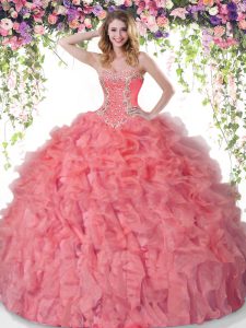 Beading and Ruffles Sweet 16 Dress Coral Red Lace Up Sleeveless Floor Length