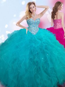 Teal Ball Gowns Sweetheart Sleeveless Tulle Floor Length Lace Up Beading 15th Birthday Dress