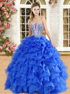 Royal Blue Ball Gowns Strapless Sleeveless Organza Floor Length Lace Up Beading and Ruffles Quince Ball Gowns