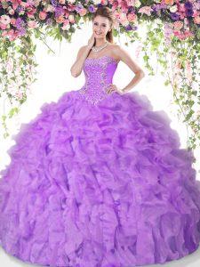 Organza Sweetheart Sleeveless Lace Up Beading and Ruffles Quinceanera Gown in Lilac