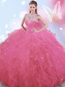 Captivating Rose Pink Ball Gowns Tulle High-neck Sleeveless Beading Floor Length Zipper Sweet 16 Dresses