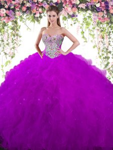 Dazzling Eggplant Purple Ball Gowns Beading 15 Quinceanera Dress Lace Up Tulle Sleeveless Floor Length