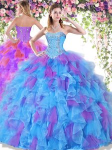 Extravagant Organza Sweetheart Sleeveless Lace Up Beading and Ruffles 15th Birthday Dress in Multi-color