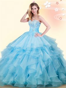 High Quality Baby Blue Organza Lace Up Vestidos de Quinceanera Sleeveless Floor Length Beading and Ruffles