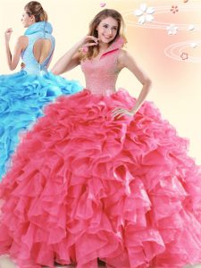 Affordable Coral Red High-neck Neckline Beading and Ruffles Sweet 16 Dresses Sleeveless Backless