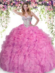 Rose Pink Organza Lace Up Sweetheart Sleeveless Floor Length 15 Quinceanera Dress Beading and Ruffles