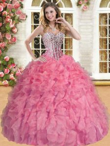 Watermelon Red Organza Lace Up Sweetheart Sleeveless Floor Length 15th Birthday Dress Beading and Ruffles