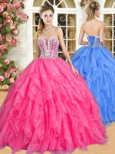 Dynamic Hot Pink Quinceanera Dresses Military Ball and Sweet 16 and Quinceanera with Beading and Ruffles Sweetheart Sleeveless Lace Up