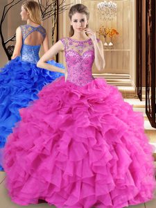 Scoop Hot Pink Sleeveless Beading and Ruffles Floor Length Sweet 16 Dress