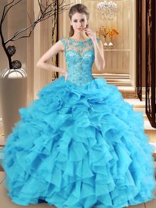 Baby Blue Scoop Lace Up Beading and Ruffles 15th Birthday Dress Sleeveless