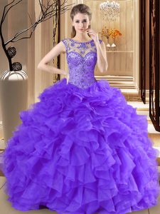 Beauteous Organza Scoop Sleeveless Lace Up Beading and Ruffles Sweet 16 Dresses in Purple