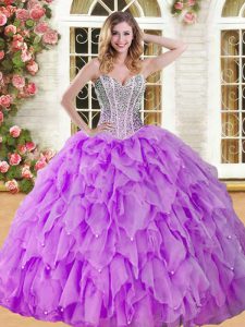 Sexy Organza Sweetheart Sleeveless Lace Up Beading and Ruffles Sweet 16 Dresses in Eggplant Purple