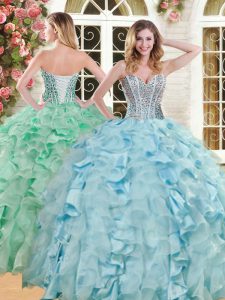Glamorous Organza and Taffeta Sweetheart Sleeveless Lace Up Beading and Ruffles Sweet 16 Quinceanera Dress in Light Blue