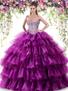 Sexy Ruffled Sweetheart Sleeveless Lace Up Ball Gown Prom Dress Purple Organza