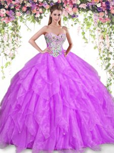 Purple Sleeveless Floor Length Beading and Ruffles Lace Up Sweet 16 Quinceanera Dress