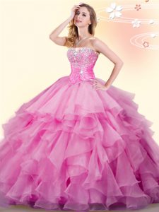 Rose Pink Sleeveless Floor Length Beading and Ruffles Lace Up Sweet 16 Quinceanera Dress