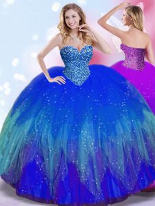 Floor Length Lace Up Sweet 16 Dresses Royal Blue for Military Ball and Sweet 16 and Quinceanera with Beading