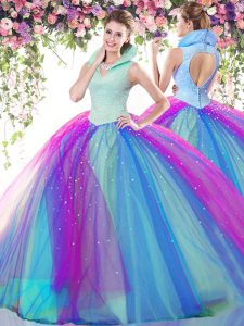 Ball Gowns Sweet 16 Dress Multi-color High-neck Tulle Sleeveless Floor Length Backless
