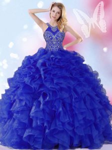 Custom Made Halter Top Royal Blue Ball Gowns Beading and Ruffles Quinceanera Dresses Lace Up Organza Sleeveless Floor Length