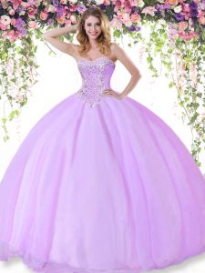 Trendy Floor Length Lilac Ball Gown Prom Dress Tulle Sleeveless Beading