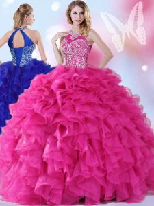 Halter Top Sleeveless Lace Up Floor Length Beading and Ruffles Sweet 16 Dresses