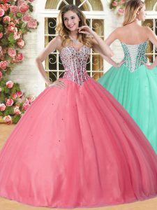 Coral Red Tulle Lace Up Sweet 16 Dresses Sleeveless Floor Length Beading
