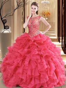 Modern Scoop Sleeveless Floor Length Beading and Ruffles Lace Up Quinceanera Gowns with Coral Red