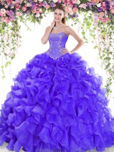 Purple Quinceanera Dresses Organza Sweep Train Sleeveless Beading and Ruffles