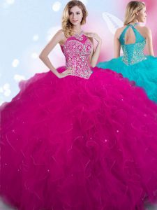 Halter Top Fuchsia Sleeveless Floor Length Beading Lace Up Quinceanera Gown