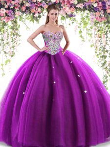 Eye-catching Eggplant Purple Lace Up Quince Ball Gowns Beading Sleeveless Floor Length